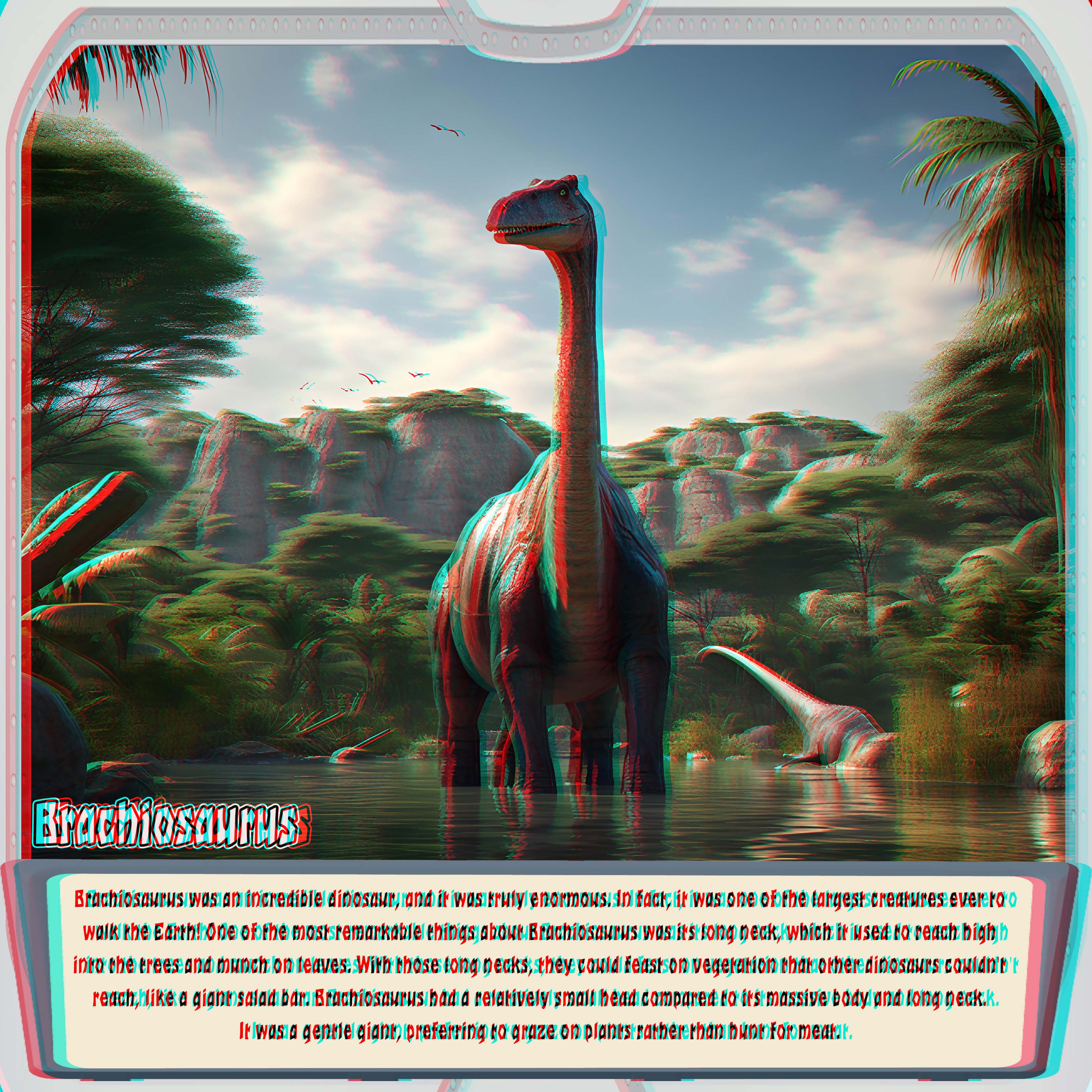 A long-necked Brachiosaurus dinosaur standing in a prehistoric lake surrounded by forest and rocky cliffs, in red-cyan anaglyph 3D.
