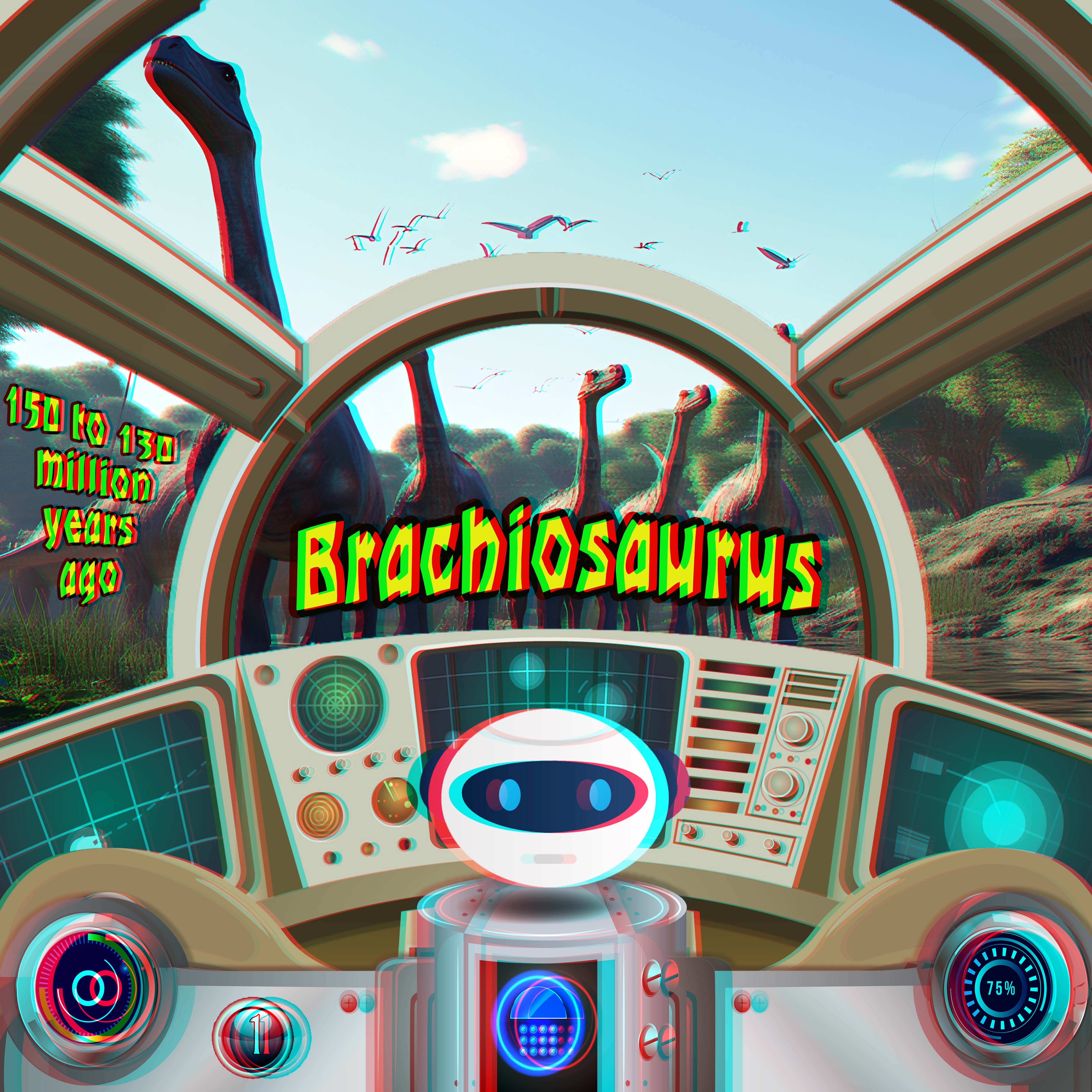 Warpi pilots a time machine overlooking long-necked Brachiosaurus dinosaurs, with flying reptiles overhead, in red-cyan 3D.