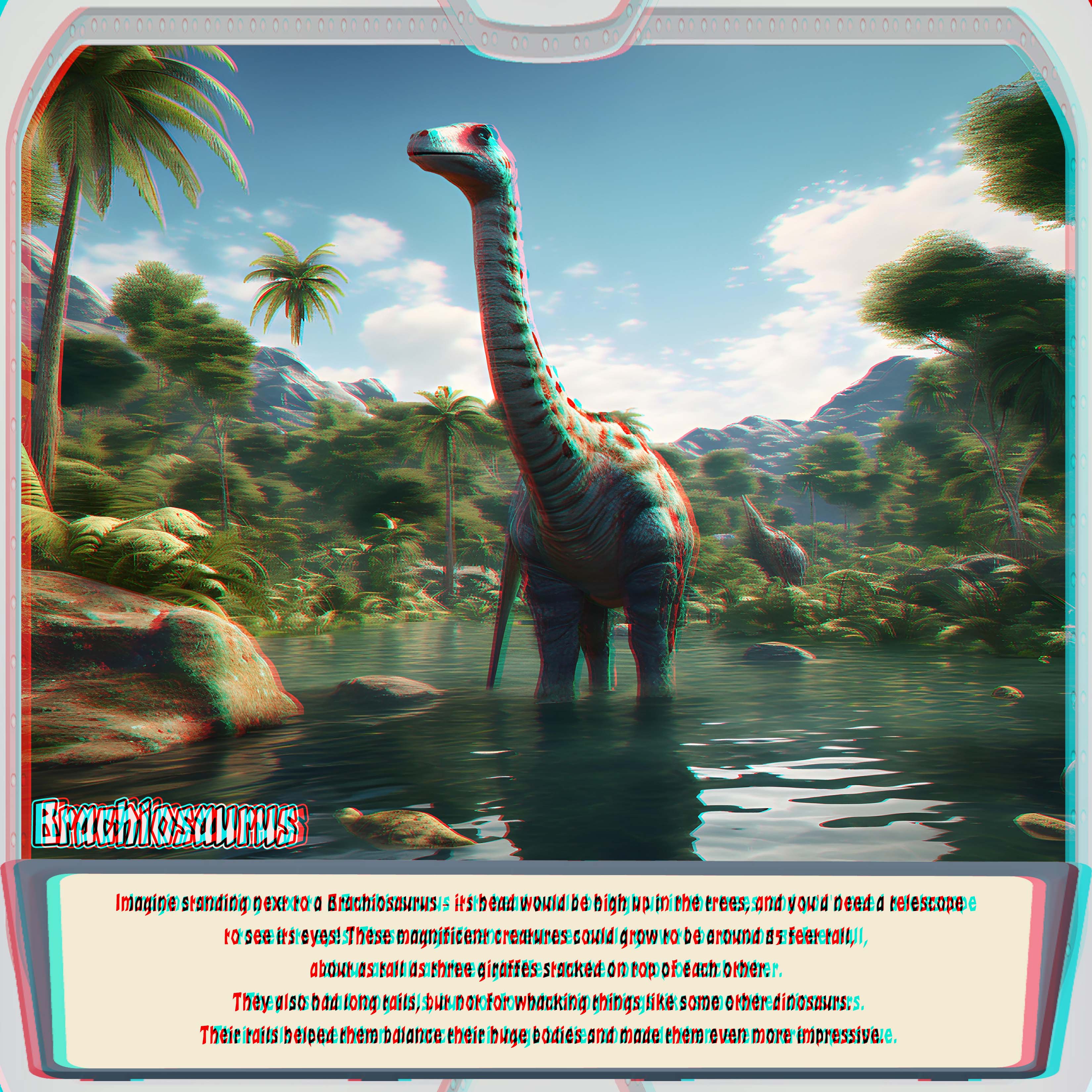Brachiosaurus wading through a tropical river, its long neck rising above the water, with palm trees and distant mountains in anaglyph 3D.