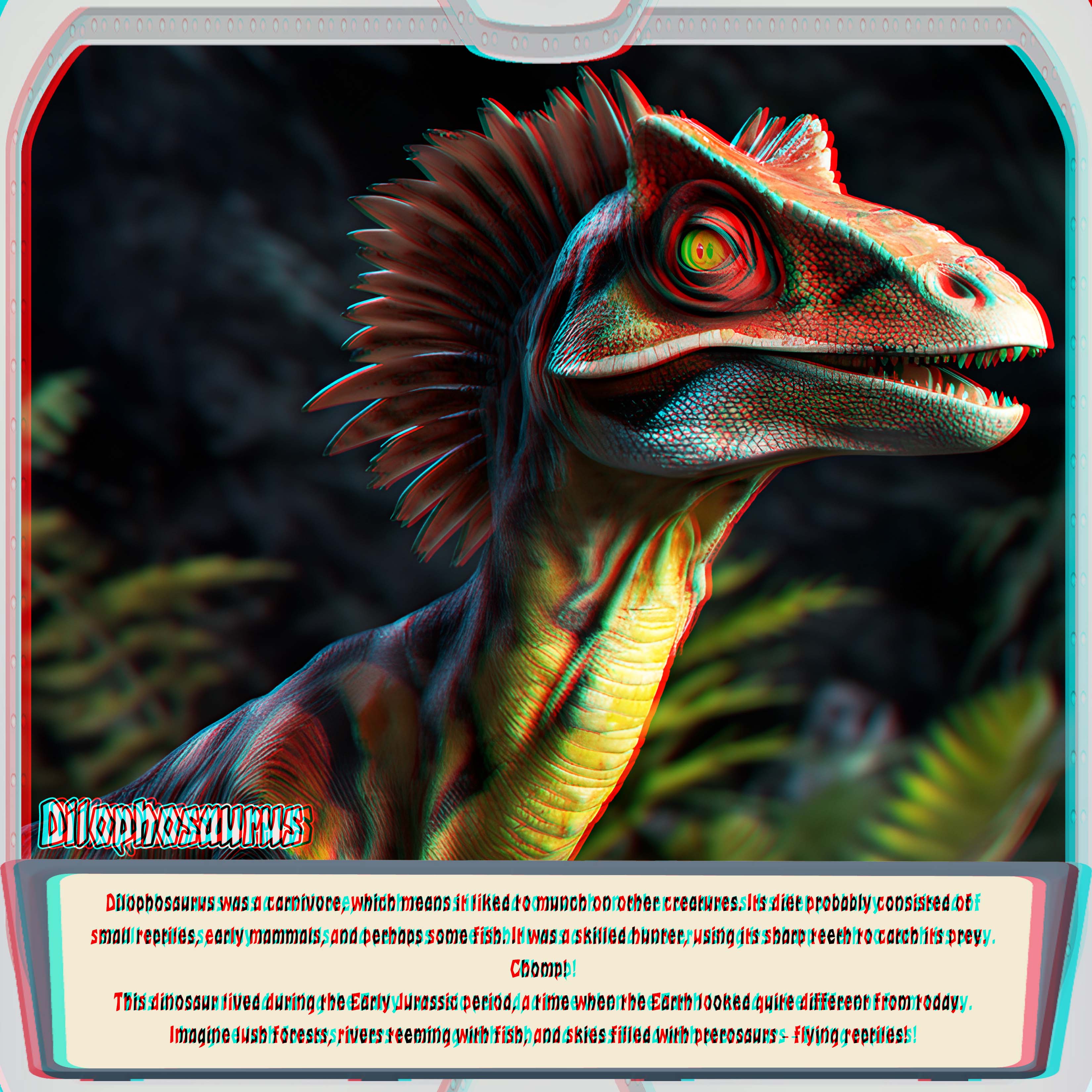 An imagined Dilophosaurus dinosaur looking to the right with sharp teeth, a long neck and colourful frill in a dark forest, rendered in anaglyph 3D.