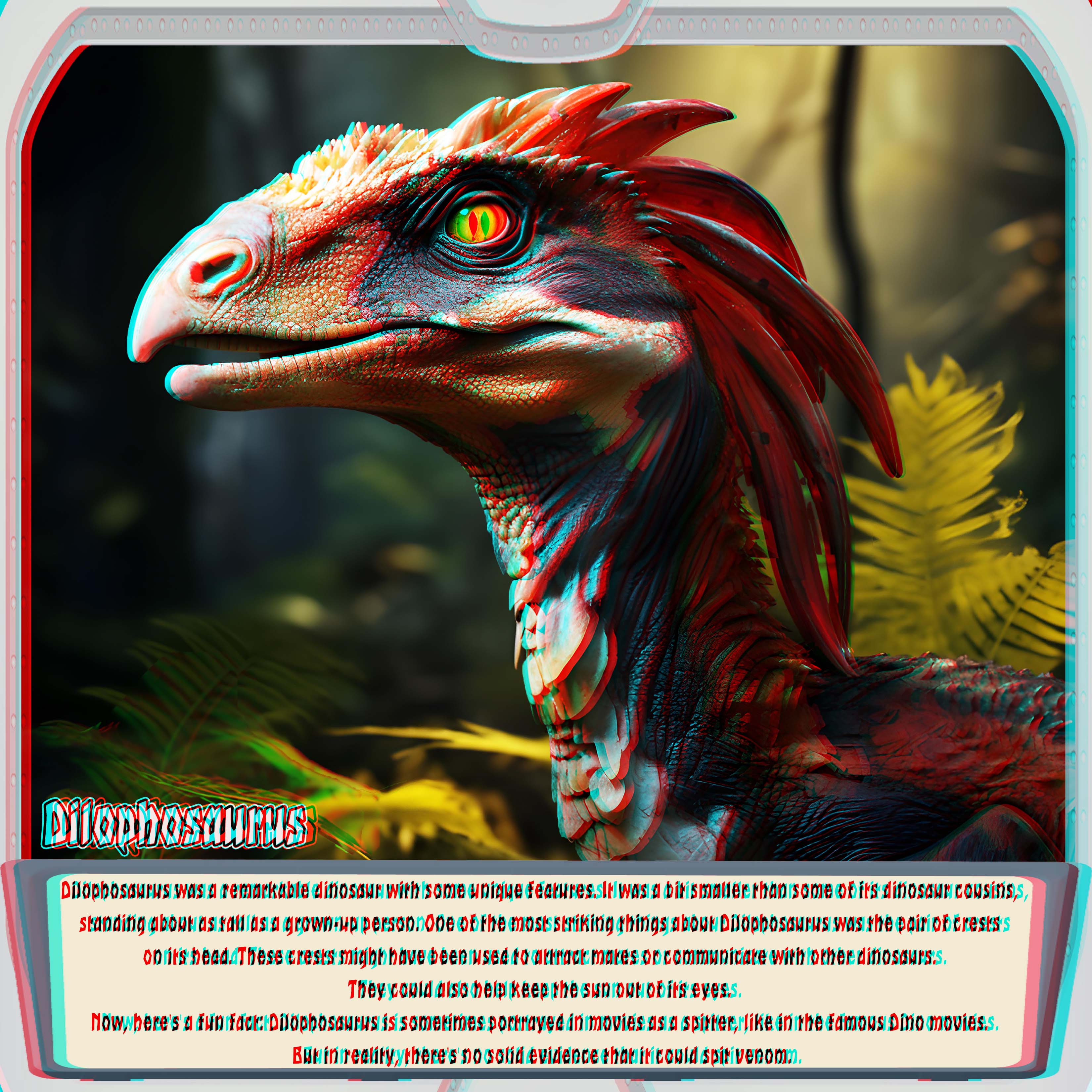 Close-up of a colourful Dilophosaurus dinosaur with a bright eye, textured scales and head ornaments against forest foliage in red-cyan 3D.