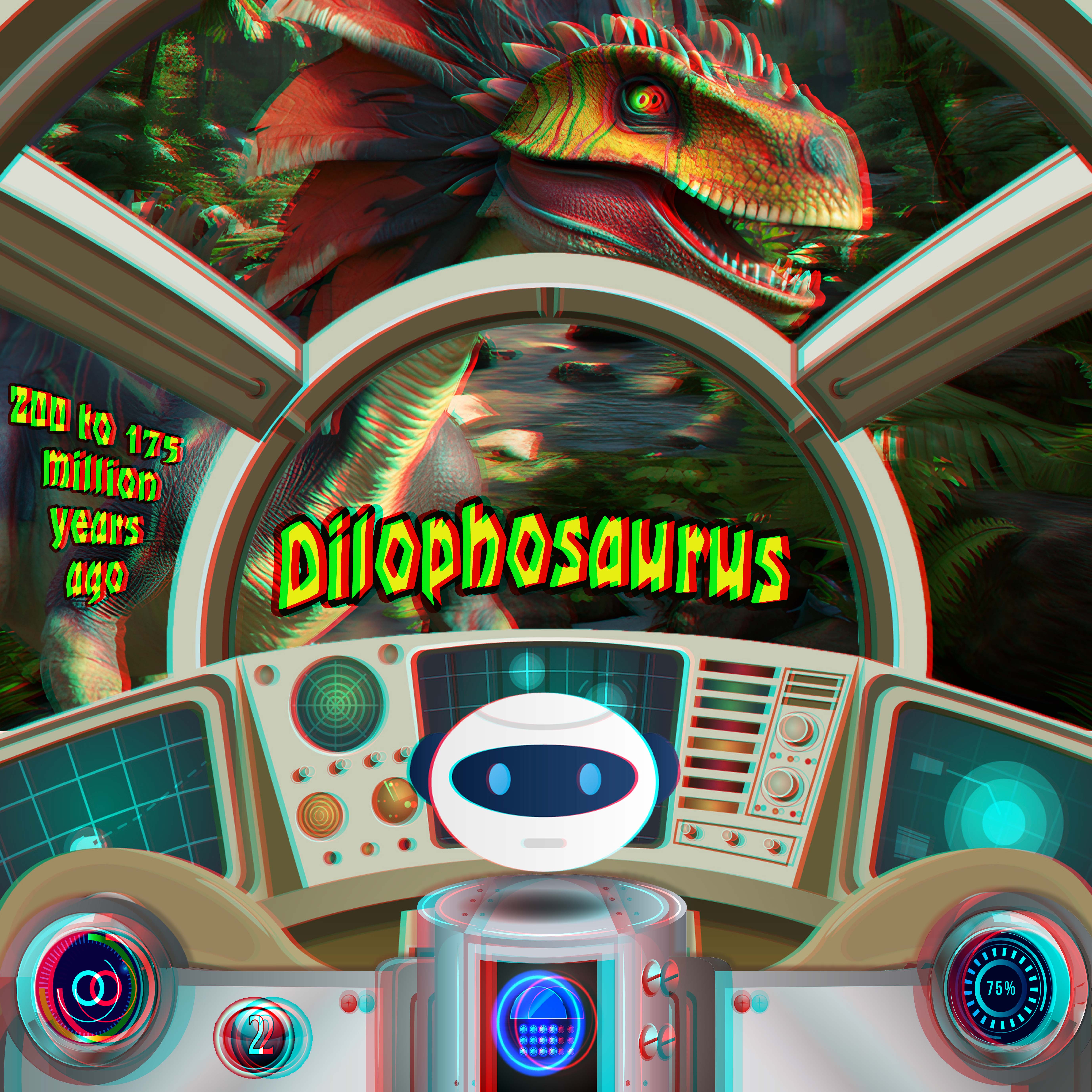 Warpi pilots the time machine as a colourful, imagined Dilophosaurus dinosaur with a neck frill peers through the cockpit windows in anaglyph 3D.