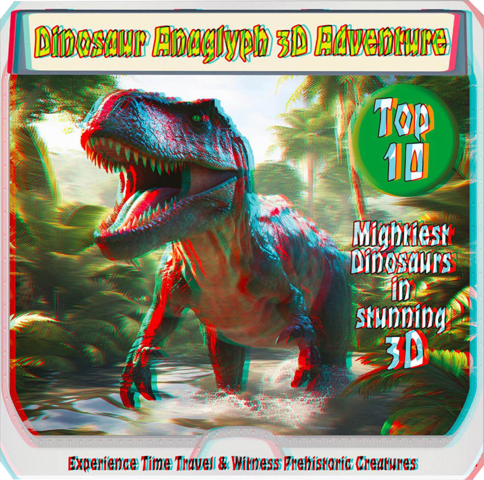 Dinosaur Anaglyph 3D Adventure book cover with a roaring T. rex in a prehistoric forest.