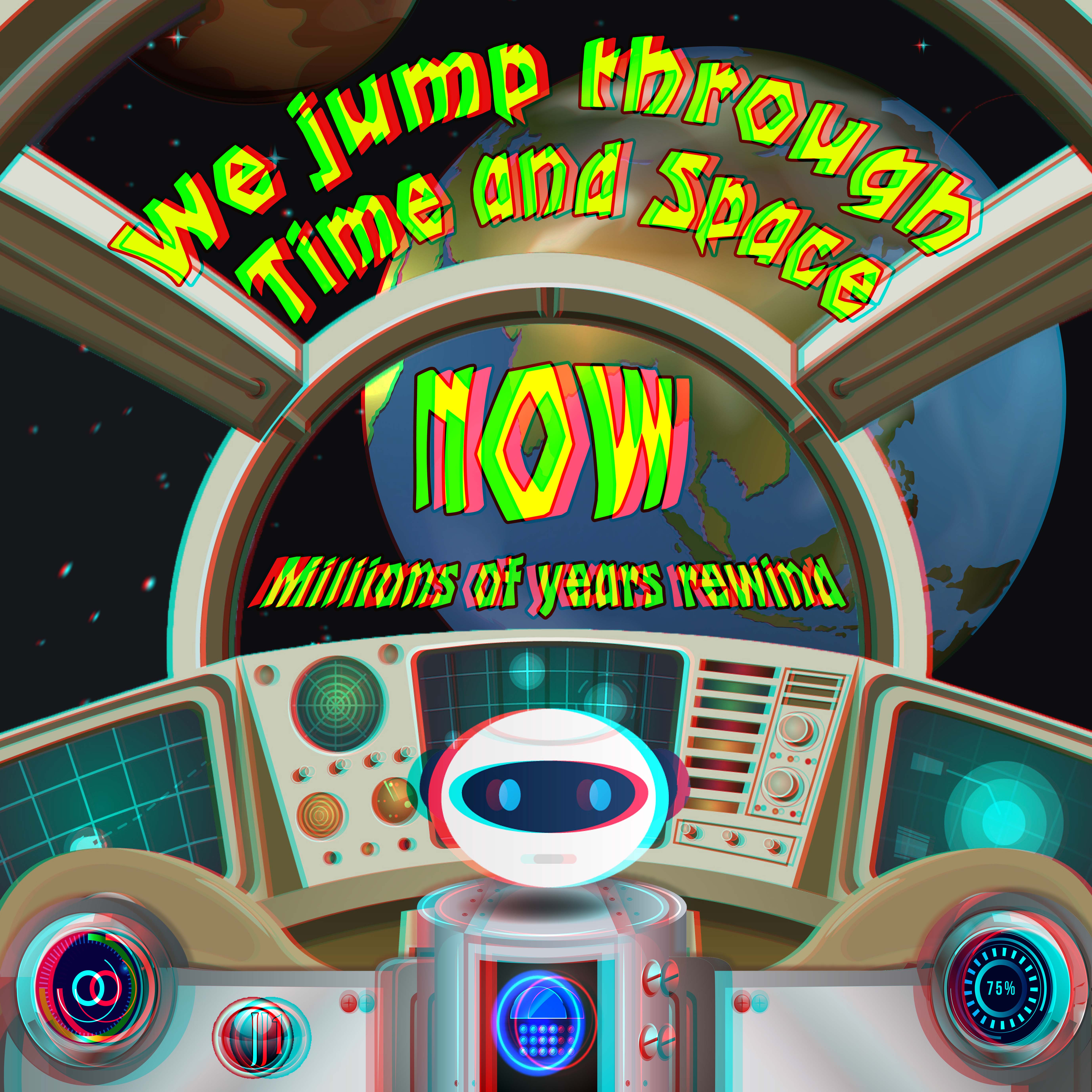Warpi the robot pilot inside a time-machine cockpit with Earth ahead as the dinosaur time-travel adventure begins.