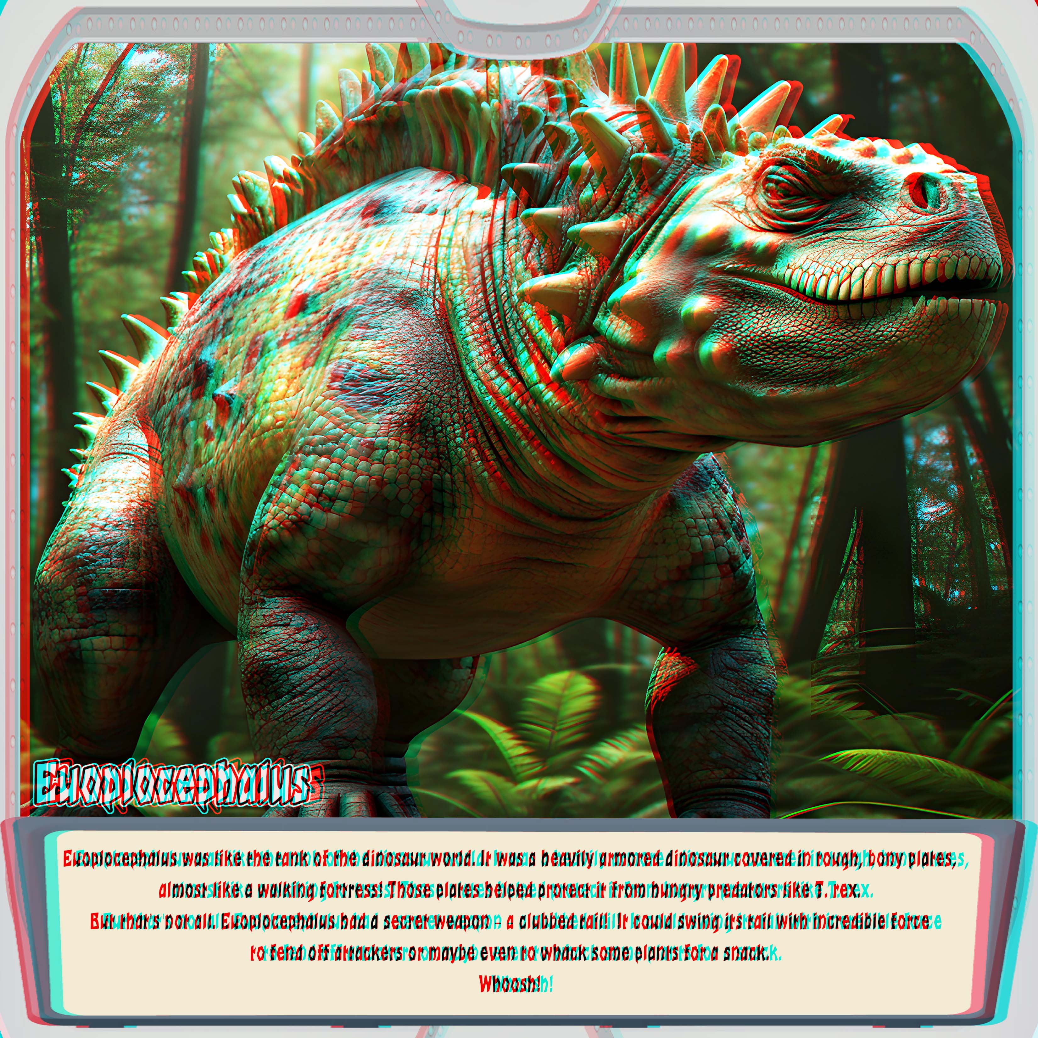 An imagined Euoplocephalus armored dinosaur with a broad body, textured skin and prominent back spikes standing in a forest, in anaglyph 3D.