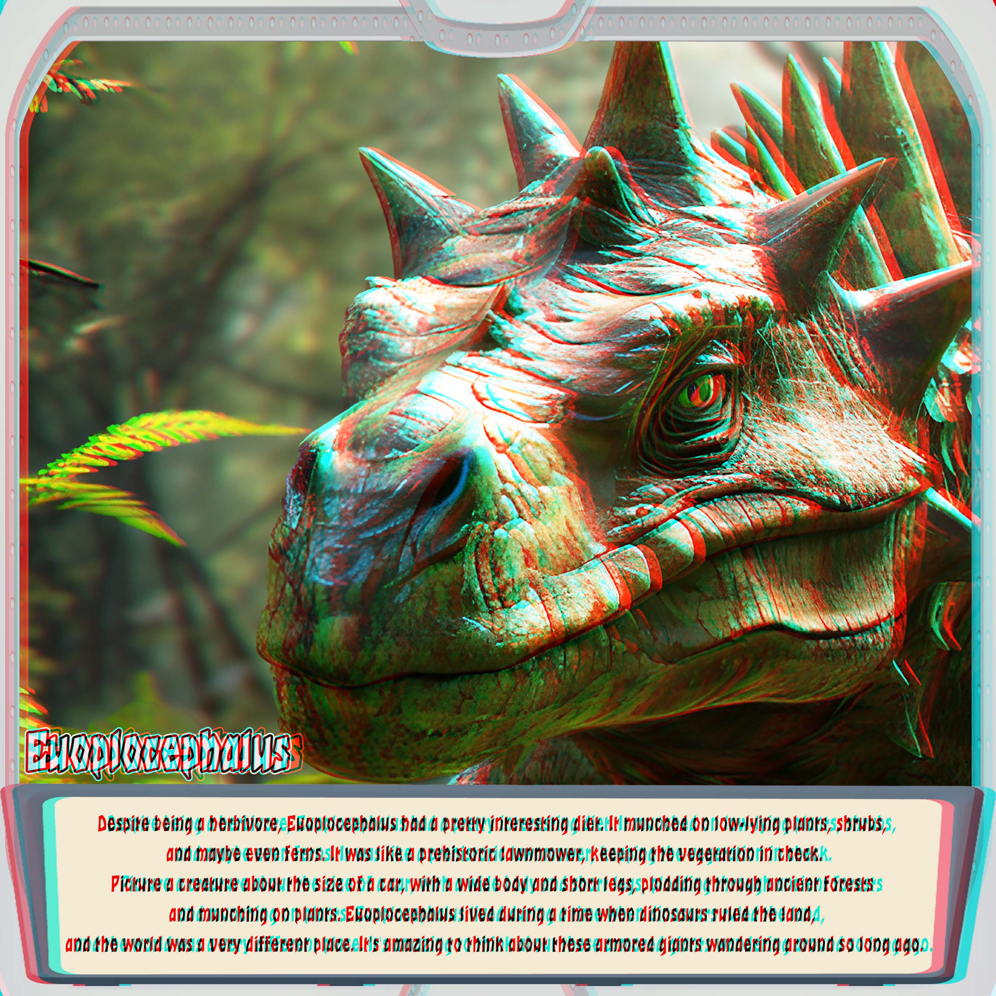 Close-up of an imagined Euoplocephalus dinosaur head with bony-looking armor, a bright eye and large spikes beside forest leaves, in red-cyan 3D.