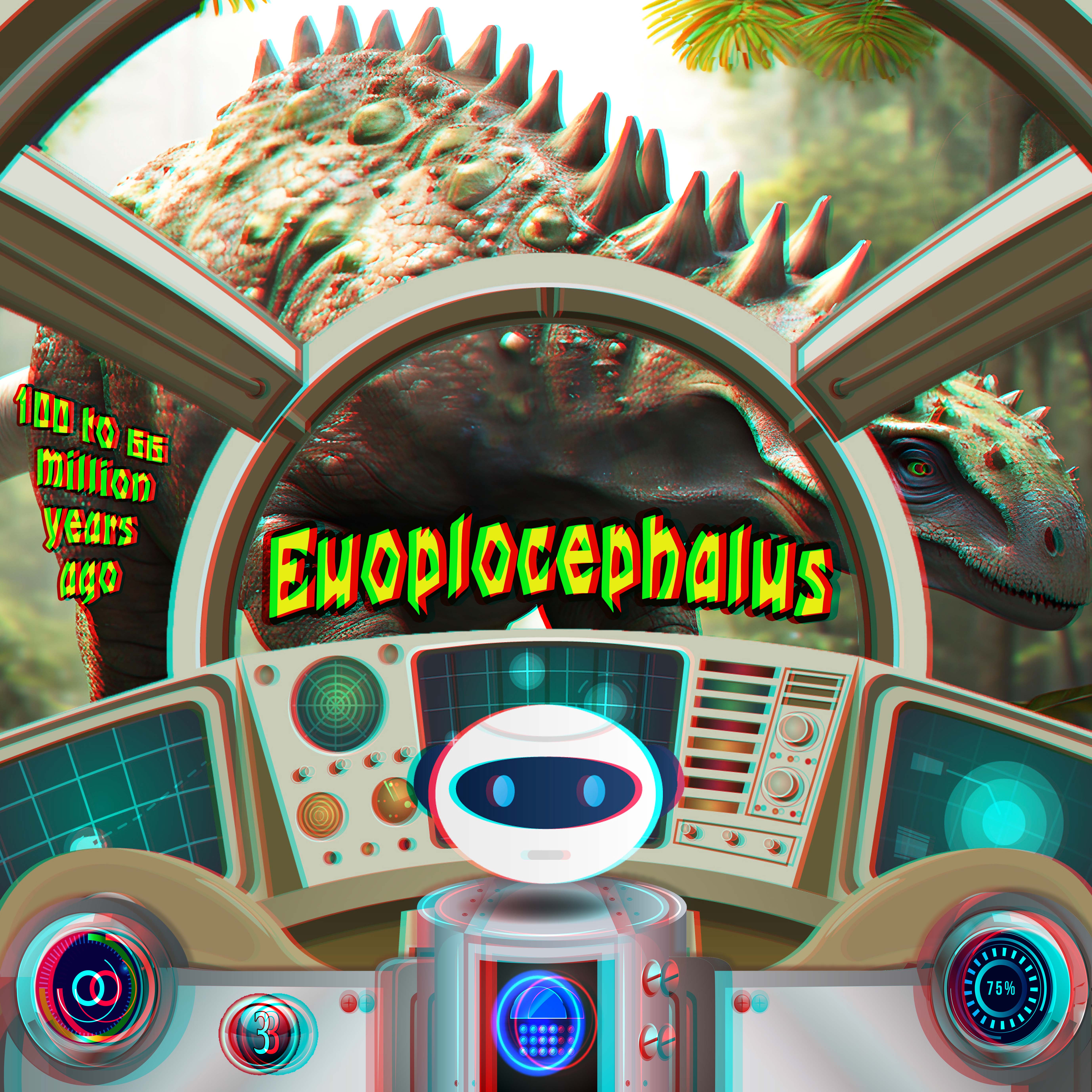 Warpi the robot pilot watches an imagined armored Euoplocephalus dinosaur pass close to the time-machine windows in red-cyan 3D.
