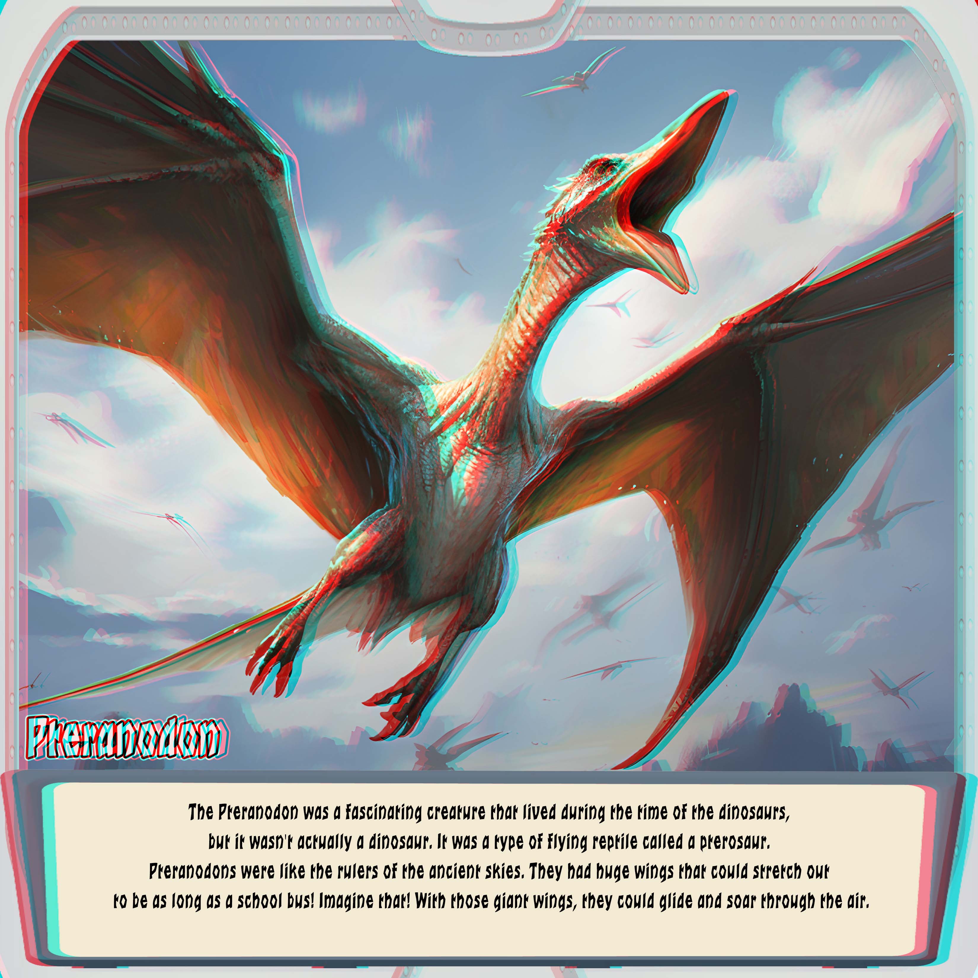 An orange-brown Pteranodon flying with its wings spread and beak open above a mountainous landscape, with distant flying reptiles, in red-cyan 3D.