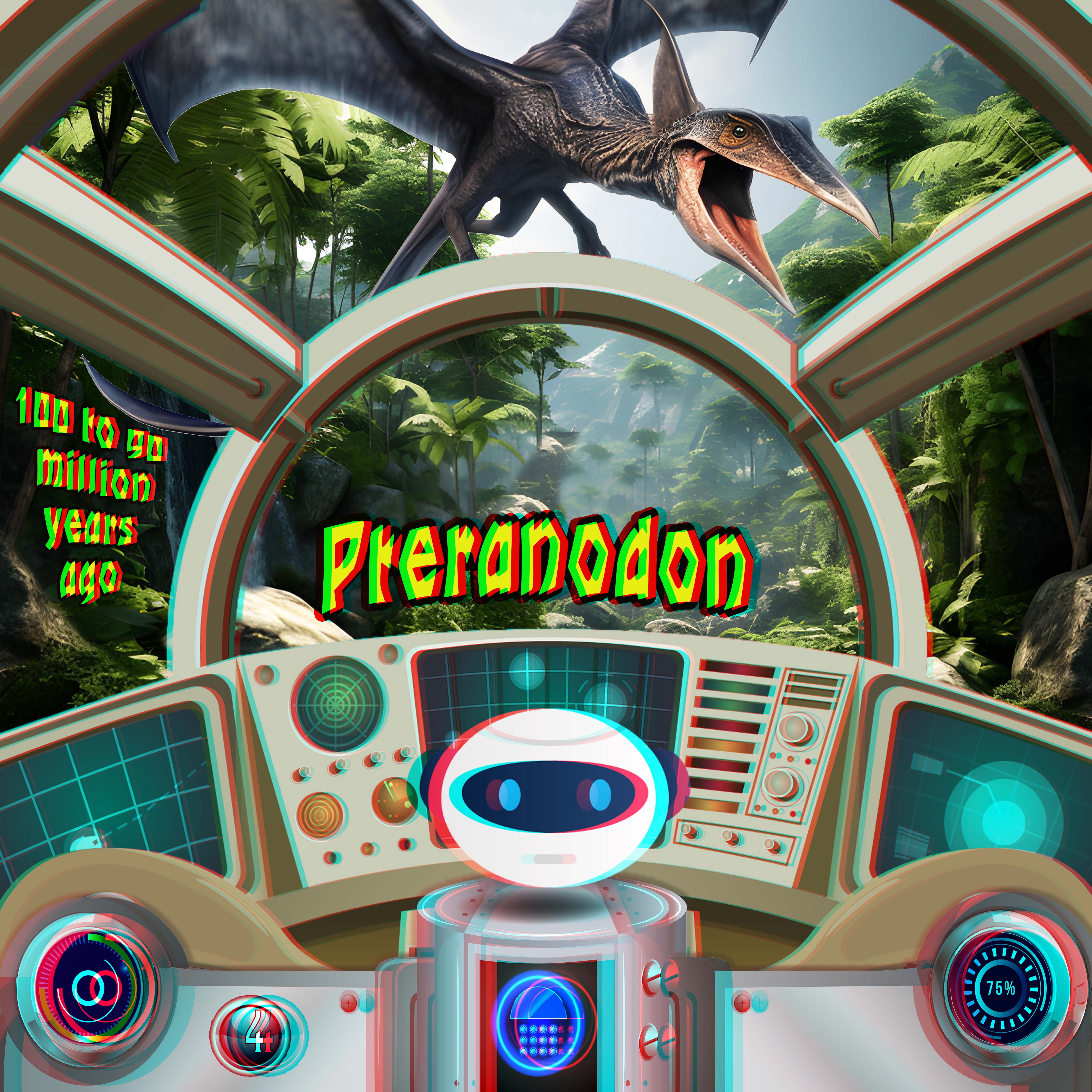Warpi the robot pilot watches a huge Pteranodon flying above the time-machine windows, with a green prehistoric landscape beyond, in anaglyph 3D.