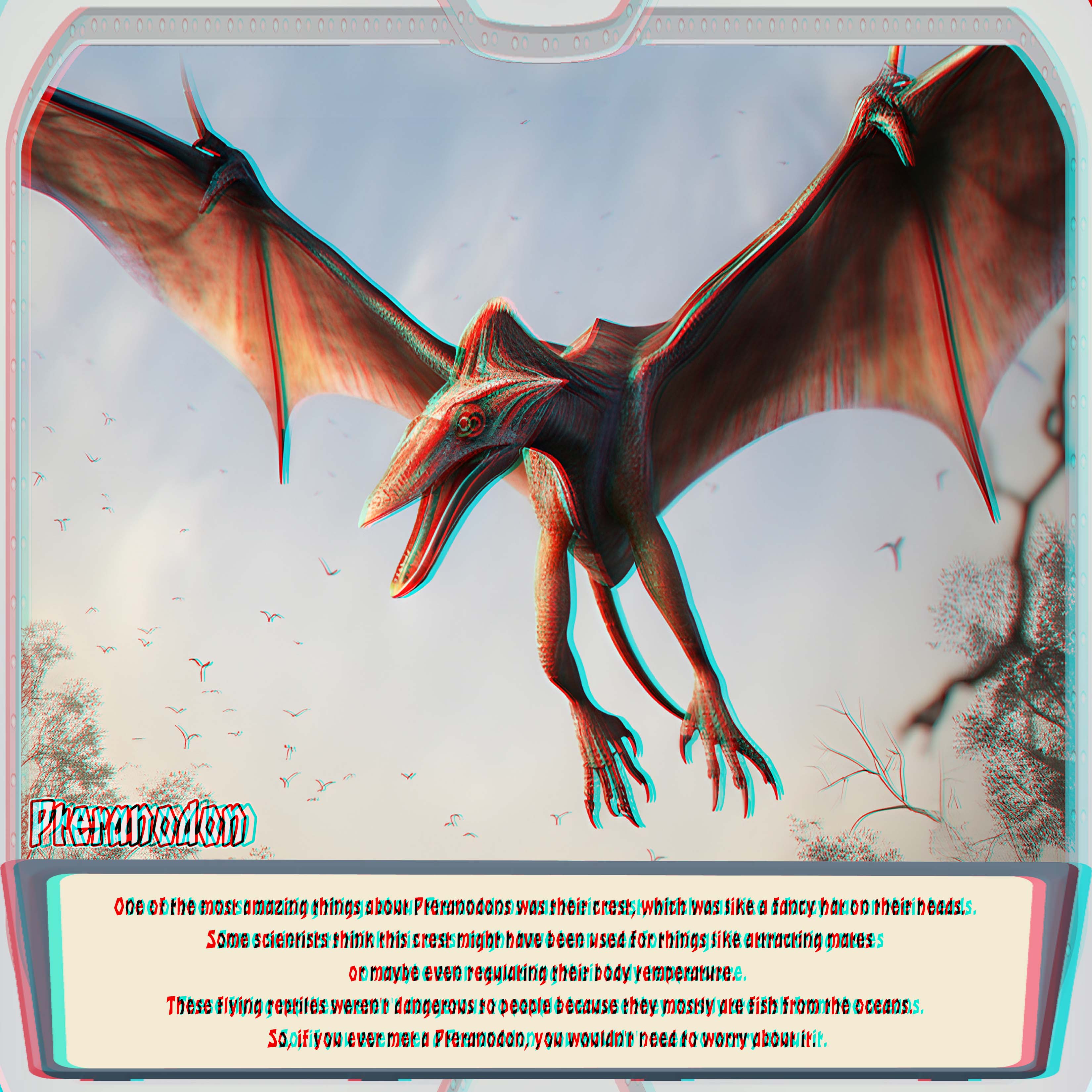 Pteranodon with wide-spread wings, an open beak and hanging legs, flying toward the viewer above trees with other pterosaurs in the sky, in anaglyph 3D.