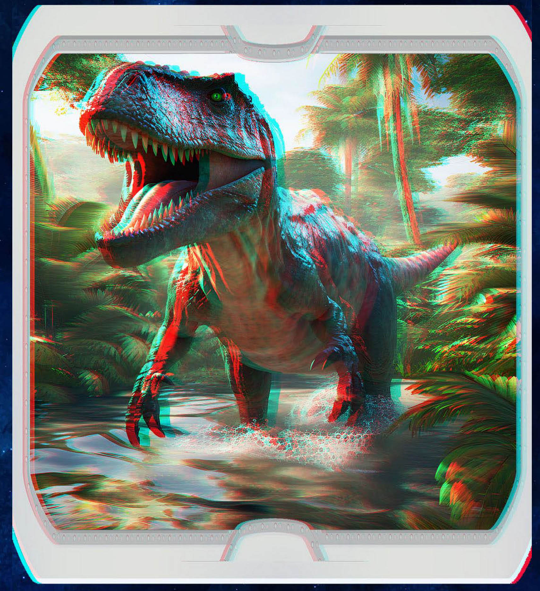 A roaring T. rex with open jaws and sharp teeth wading through a forest stream, shown as a red-cyan anaglyph 3D dinosaur picture.