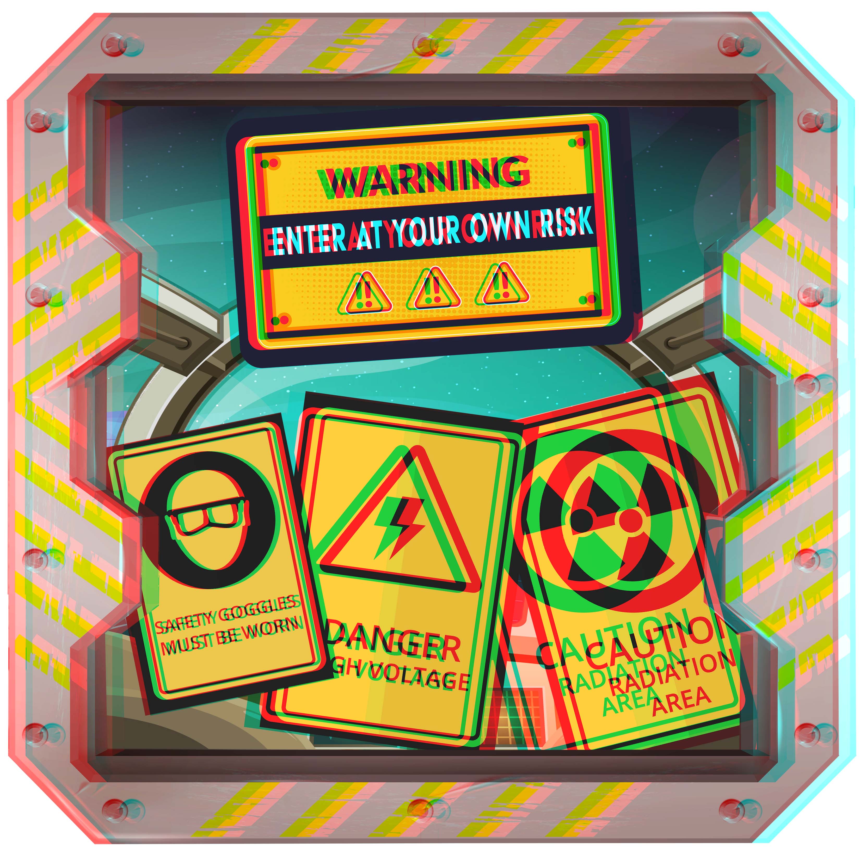 Time-machine entrance in anaglyph 3D, covered with yellow warning signs and a safety goggles symbol.