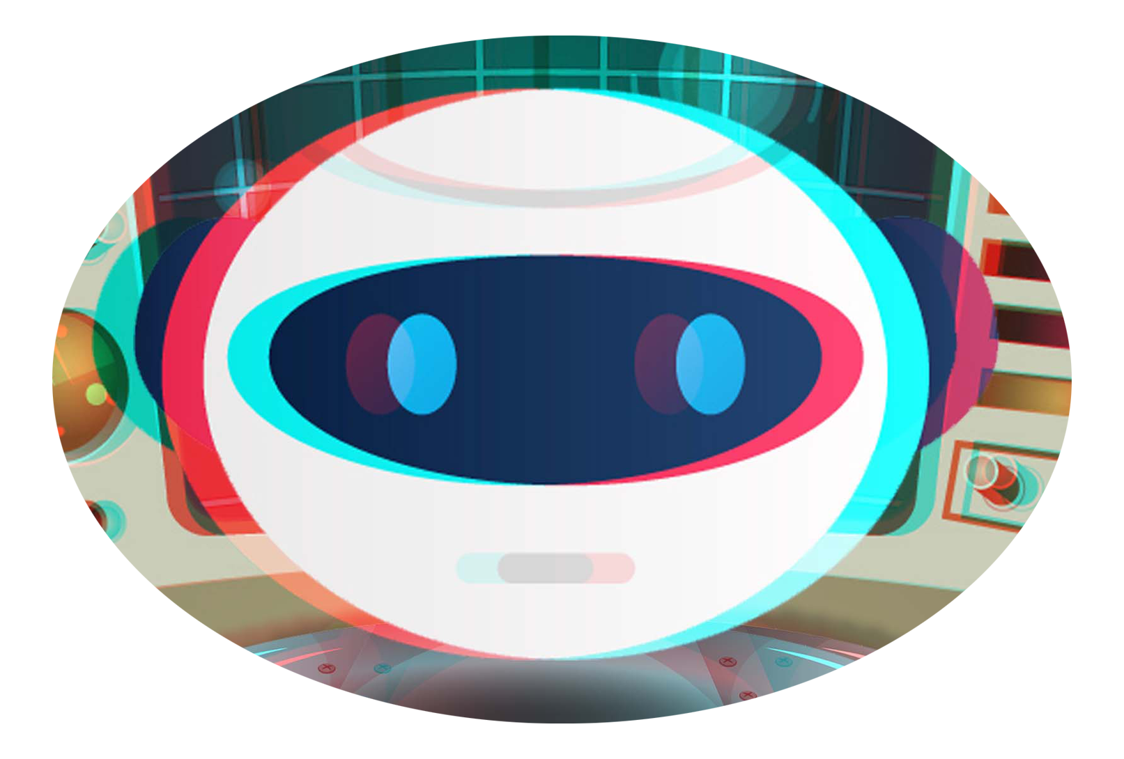 Warpi, the friendly robot pilot, saying farewell in red-cyan anaglyph 3D.